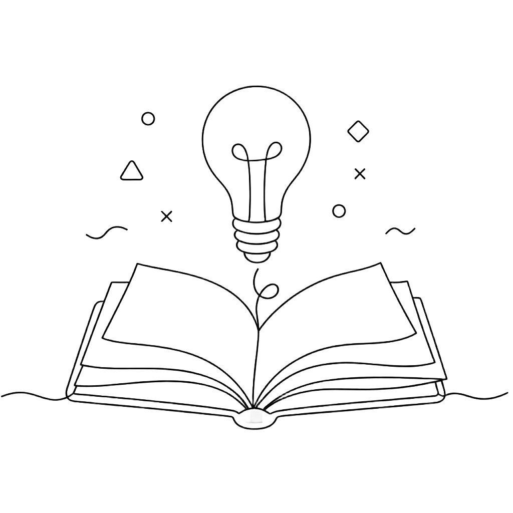 Ilustración lineal de un libro abierto con una bombilla